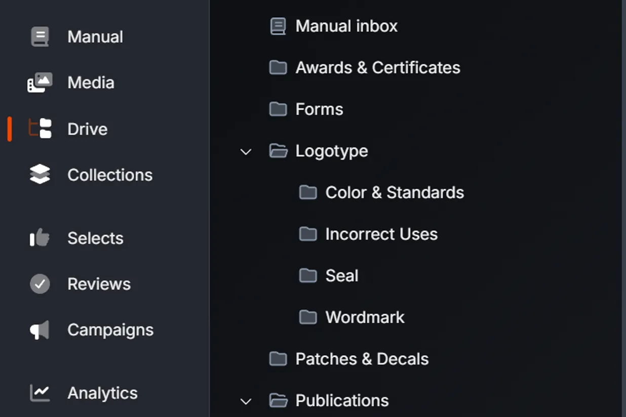 The module list and the folder tree of the NASA demo brand, in Drive