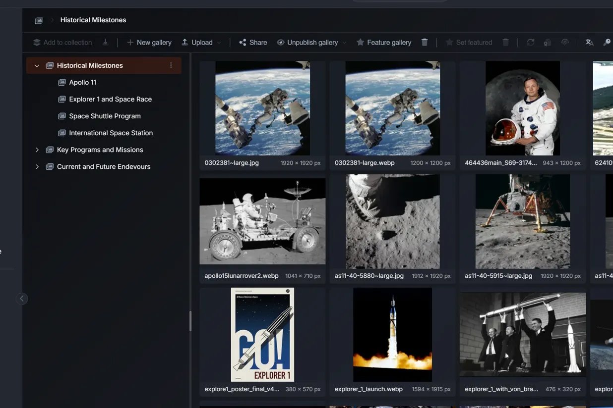 The Historical Milestones gallery of the NASA demo brand, with its gallery tree