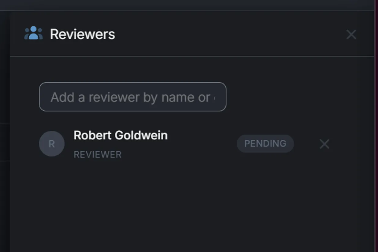 A review's Reviewers panel: the add field and a pending reviewer